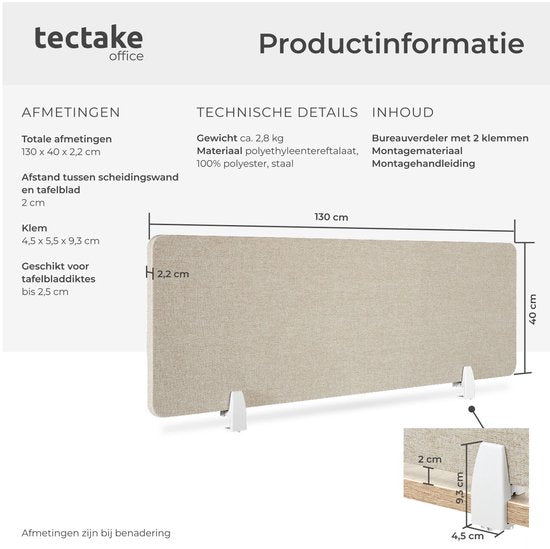 tectake® Bureauscherm scheidingswand Noisy - Met geluidsabsorberende PET-kern - Inclusief 2 bevestigingsklemmen - Afmeting (LxB) 130 x 40 cm - Beige