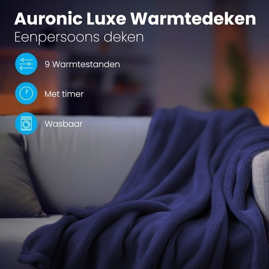 Auronic Elektrische Deken - Warmtedeken - 9 Warmtestanden - 1 Persoons - 160x120cm - Blauw