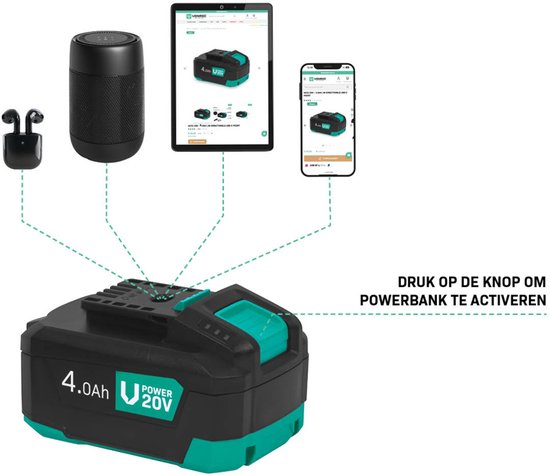 VONROC VPower 20V Accu – 4.0Ah – Duopack: 2 stuks - b-directionele USB-C poort – accu en powerbank in één – compatibel met Power Delivery (PD) – Beveiligd met Electronic Cell Protection