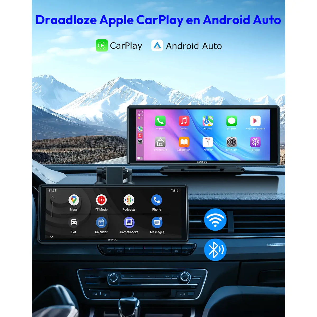 ESSGOO draagbaar CarPlay-scherm 10,26 inch - draadloos