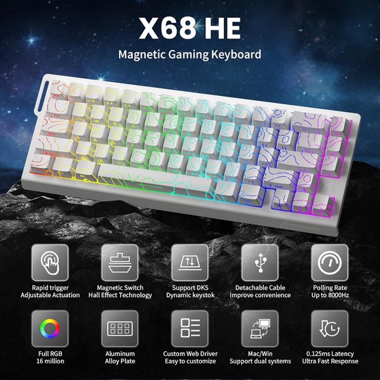 ATTACK SHARK X68HE - Magnetische Schakelaar Bedraad Gaming Toetsenbord - 66 toetsen - RGB - Zijde Gedrukte PBT-toetsen - Decoratieve Koord - 8Khz - 0.01mmRT - 0.125ms - Witte Contourlijn