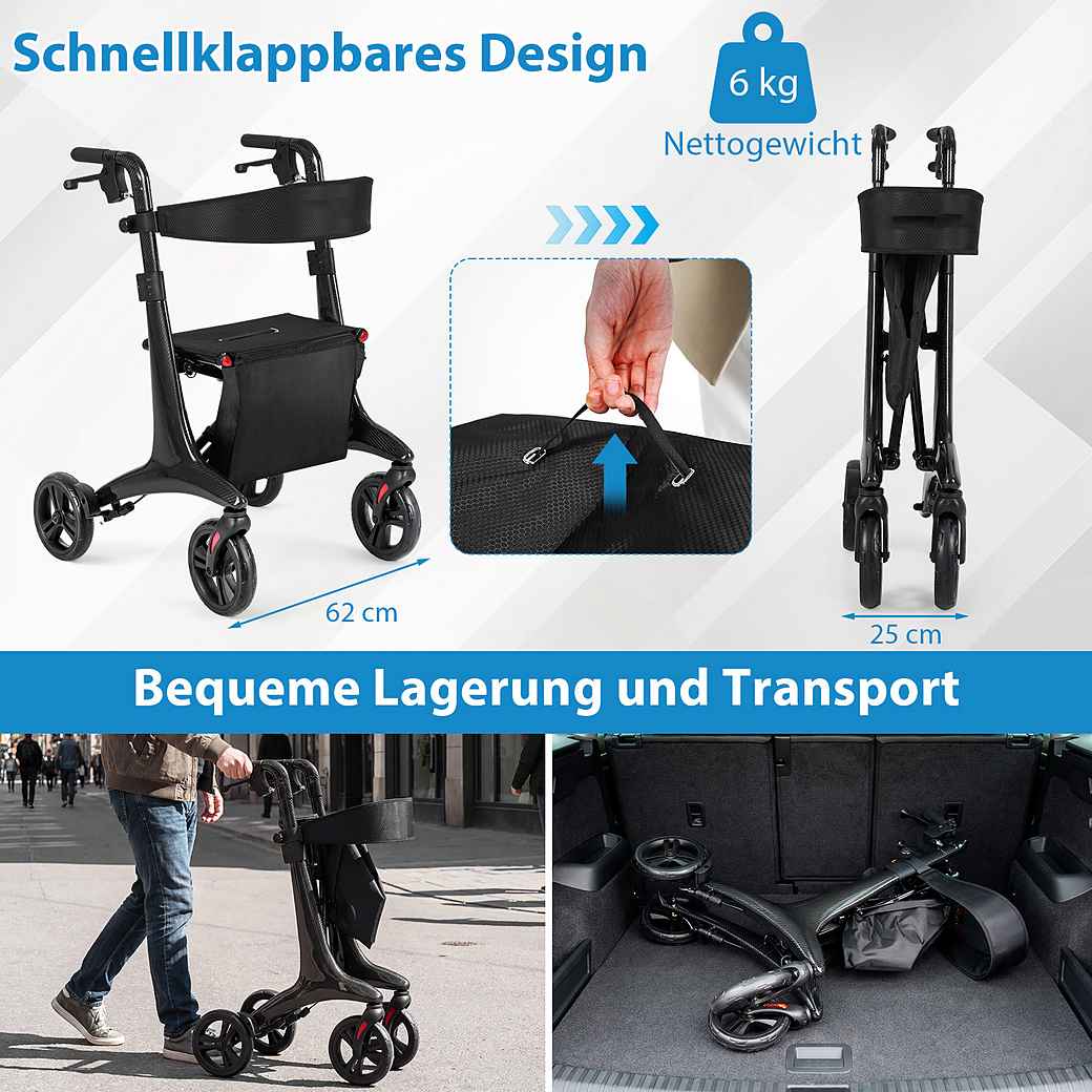 Coast Opvouwbare Rollator zwart – Ultralichte Carbon Loophulp met Zitje – 78 x 62 x 86-99 cm