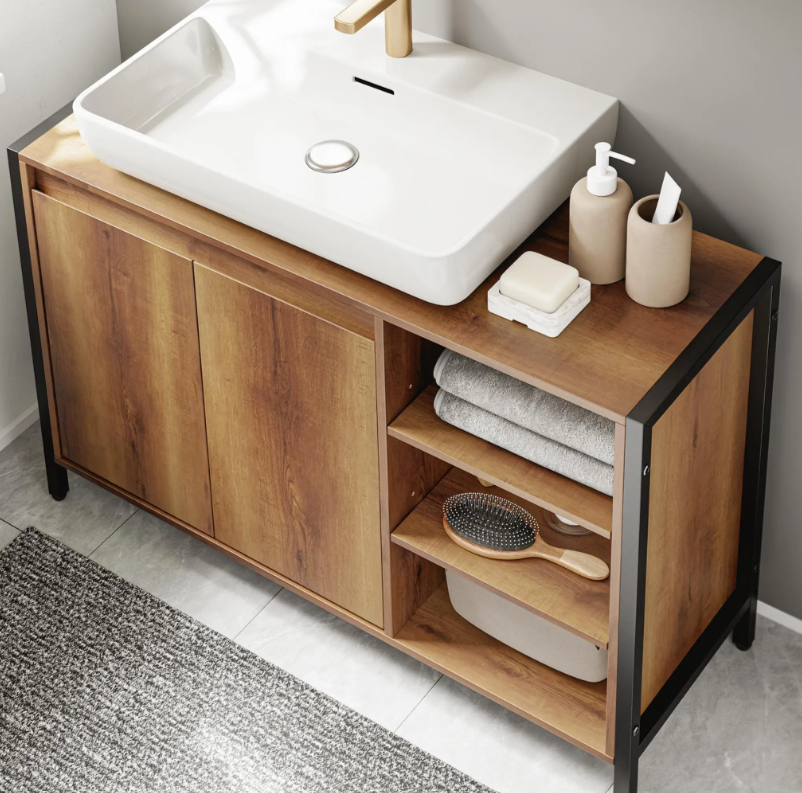 SoBuy Wastafelonderkast 90 x 30 x 60 cm - Bruin/Zwart - 2 Deuren - 3 Schappen