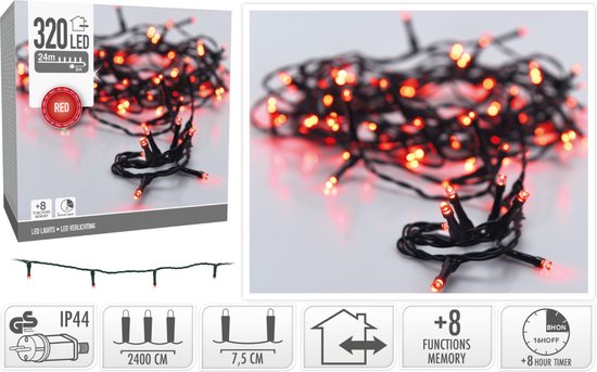 Kerstverlichting 320 led- 24m - rood - Timer - Lichtfuncties - Geheugen - Buiten -Binnen