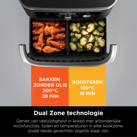 Ninja Foodi FlexDrawer Airfryer, DualZone met verwijderbaar tussenschot, grote lade van 10,4 l, vaatwasserbestendige onderdelen met antiaanbaklaag - Zwart - AF500EU
