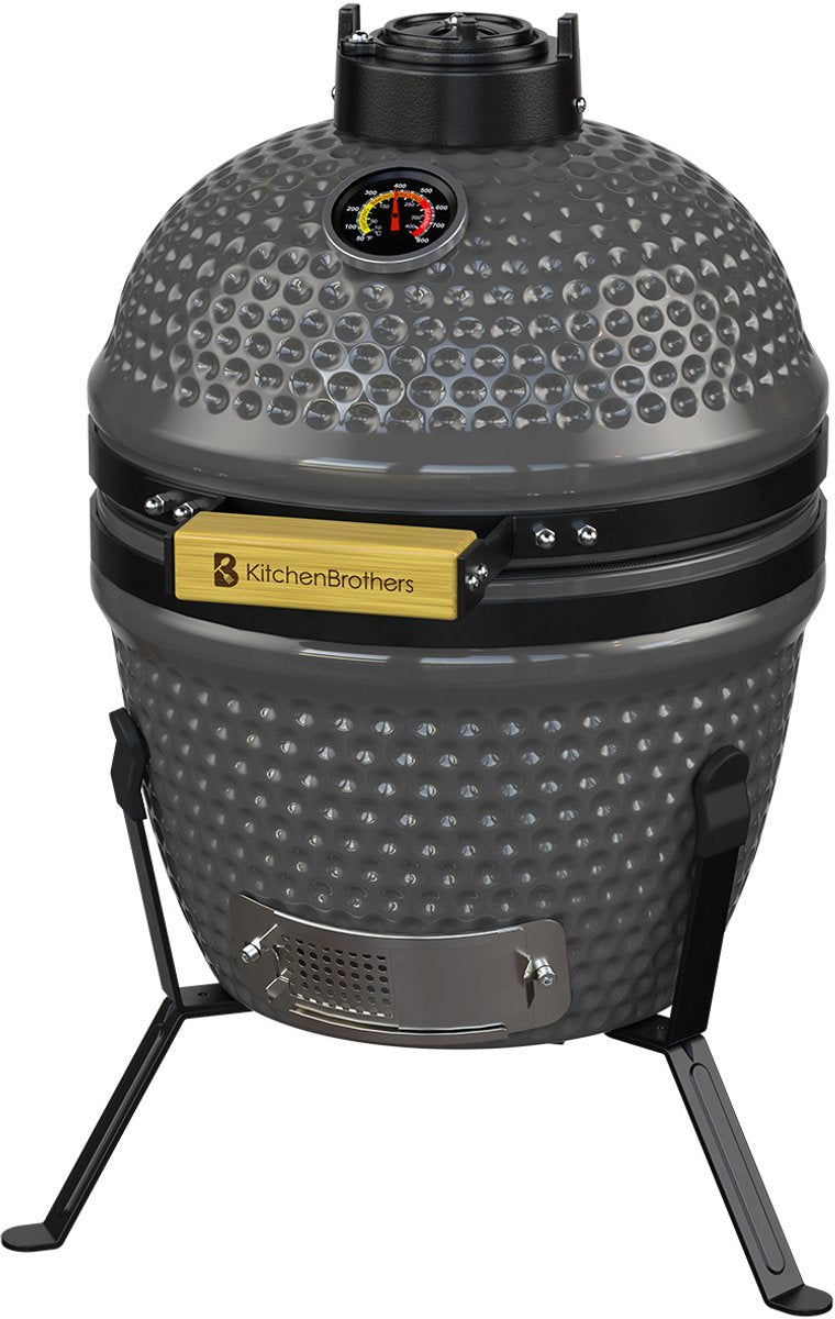KitchenBrothers – Kamado BBQ 13 Inch Houtskool Barbecue – 27 cm – Voorzien Van Mulliet Keramiek En Stevige Standaard En Thermometer – Voor Tuin En Balkon – Grijs Keramiek En Metaal