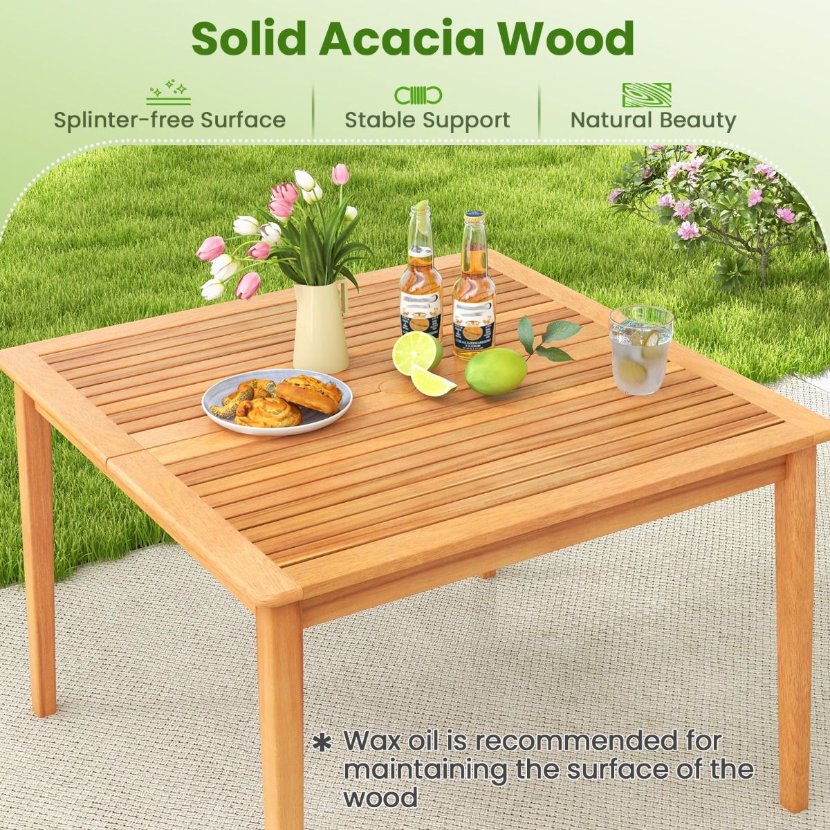 Coast Tuintafel van acaciahout - vierkant - met parasolgat - natuurlijk - 100 x 100 cm