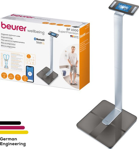 Beurer BF 1000 Super Precision Personenweegschaal - Uitgebreide lichaamsanalyse - Kolomweegschaal - Verlicht XXL display - Tot 200 kg - Kruismeting - 8 Elektroden - Bluetooth® - Beurer HealthManager Pro app - Incl. batterijen