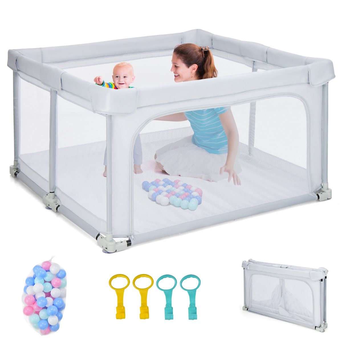 Coast Opvouwbare Babybox 124x124x70 cm Grijs met 50 Oceaanballen en 4 Handgrepen – Oxford Stof, Ademend Gaas