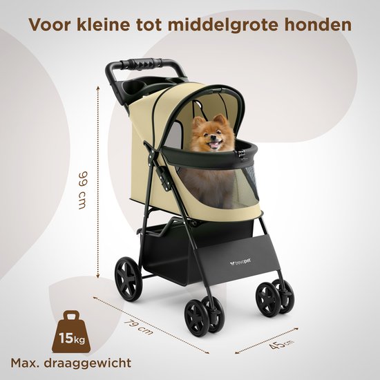 TrevoPet® Inklapbare Hondenbuggy - Voor Kleine en Middelgrote Honden tot 15 kg - Wandelwagen met Bekerhouder & Grote Opbergmand - Beige
