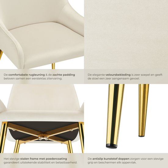 tectake® Eetkamerstoel Avane - Fluweeloptiek - Ergonomische gestoffeerde stoel met gouden stalen poten - Draagkracht 120 kg - Moderne eetkamer- en keukenstoel - Set van 2 - Beige