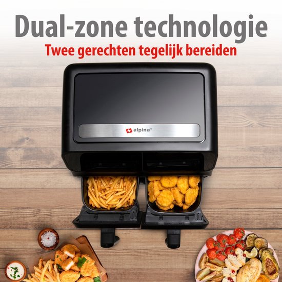 alpina Dubbele Airfryer XXL - Heteluchtfriteuse 2x4L - Air Fryer met Digitaal Touchscreen - Heteluchtoven voor 6 Personen en Meer - 8 Kookprogramma's - Sync-Modus - Timer Functie