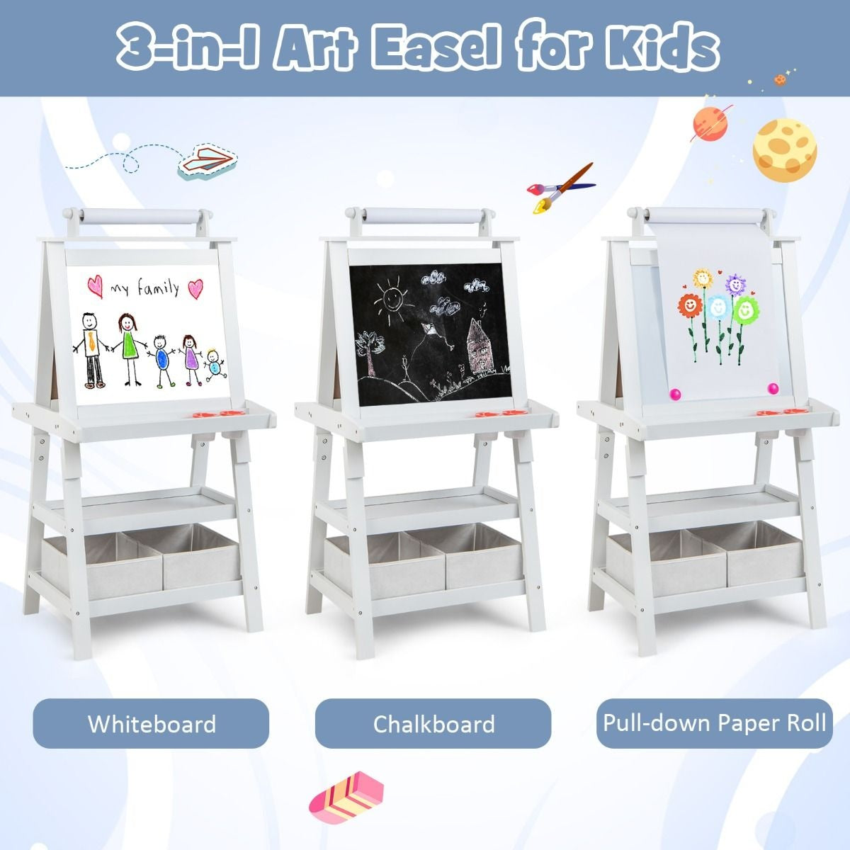 Coast 3 in 1 Kinderschildersezel - Whiteboard & Krijtbord - incl. Magneten 2 Legplanken - Beige - 59 x 50 x 117 cm