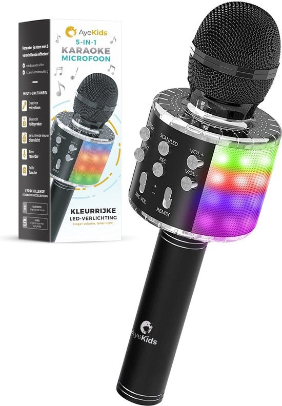 AyeKids 5-in-1 Karaoke Microfoon - Draadloos & Bluetooth – Ingebouwde Speaker & Disco Lichten – Incl. AUX-kabel - Microfoon Kinderen - Karaoke Set - Zwart
