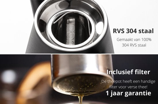 VDN RVS Theepot Dubbelwandig met Filter - Zwarte Theekan 1 Liter - 904