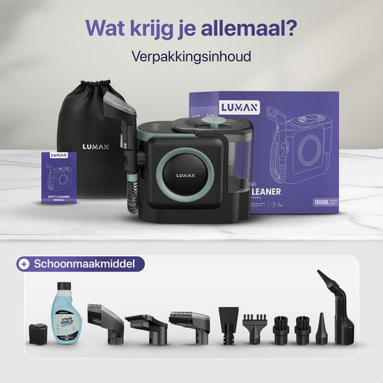 LUMAN 10 in 1 Tapijtreiniger PRO 1800W - 100°C Stoomfunctie en Zelfreinigend - Vlekkenreiniger - Stoomreiniger - Zetelreiniger - Reiniger voor bank, vloer, auto en tapijt - 7 Meter Snoer
