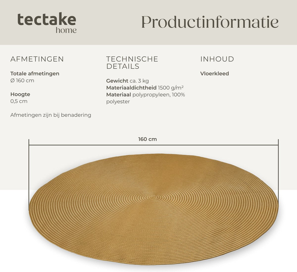 tectake® gevlochten vloerkleed Raya – Ø 160 cm – jute-look bruin