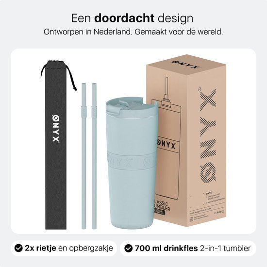 ONYX Drinkfles met Rietje 700ML - Waterfles voor Kinderen & Volwassenen - Thermosbeker RVS Travel Mug - Motiverende Drinkbus - Drinkbeker voor School - Pastel Blue