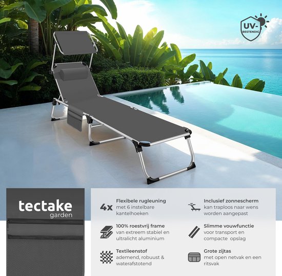 tectake® Ligbed Aurelie met zonneluifel en hoofdkussen - Ligstoel - Zonnebed - Opklapbare balkonligstoel van aluminium - Weerbestendige tuinligstoel voor tuin, balkon, camping en strand - Verstelbare rugleuning met kussen - Antraciet