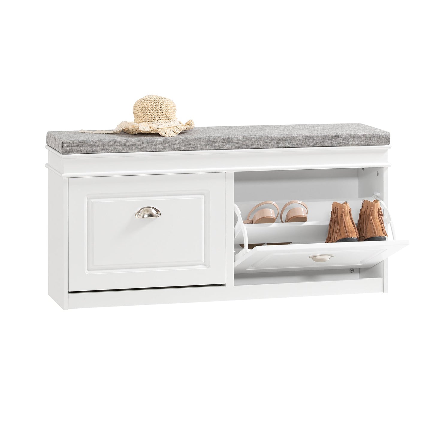SoBuy Schoenenkast met Zitkussen en Kleppen – Smalle Schoenenbank voor de Hal – Wit – 104 x 24 x 51 cm