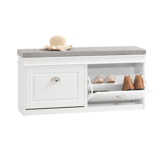 SoBuy Schoenenkast met Zitkussen en Kleppen – Smalle Schoenenbank voor de Hal – Wit – 104 x 24 x 51 cm