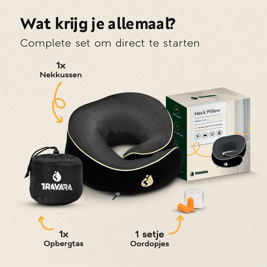 TRAVARA Nekkussen - Reiskussen - Voor Vliegtuig - Auto - Traagschuim - Memory Foam - Met Oordoppen - Zwart