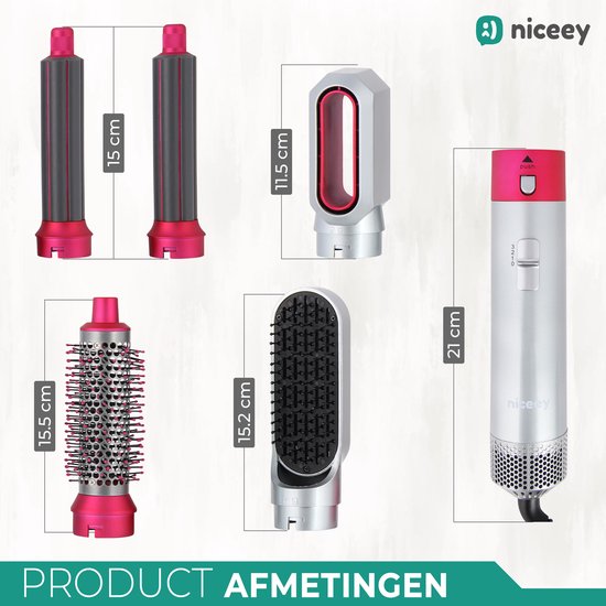 Niceey Fohnborstel - Krultang 5-in-1 Set - Airstyler - Multistyler - Stijlborstel - Krultang met Opzetstukken - Haardroger met Borstel - Met Handschoen - Krulborstel - Haarborstel - 2025 Model - Grijs/Paars