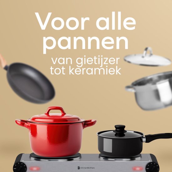 KitchenBrothers Elektrische Kookplaat - 2 Pits - Vrijstaand - 7 temperatuurstanden - 1500W + 1000W - RVS/Zwart