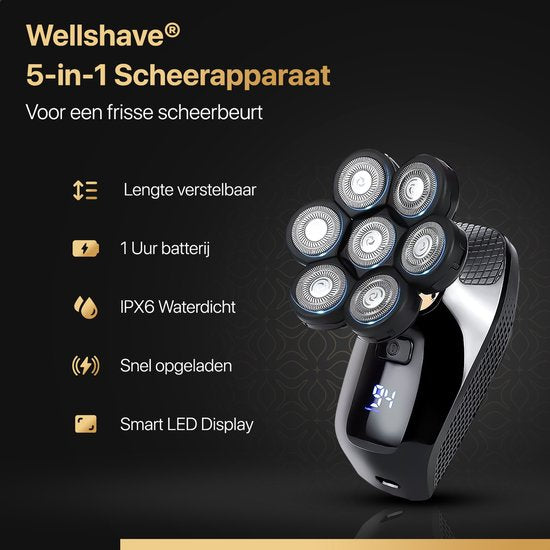 Wellshave 5 in 1 Scheerapparaat Mannen Deluxe - Gezicht en Hoofd Trimmer - Nat en Droog Shaver - Neustrimmer - Skull shaver