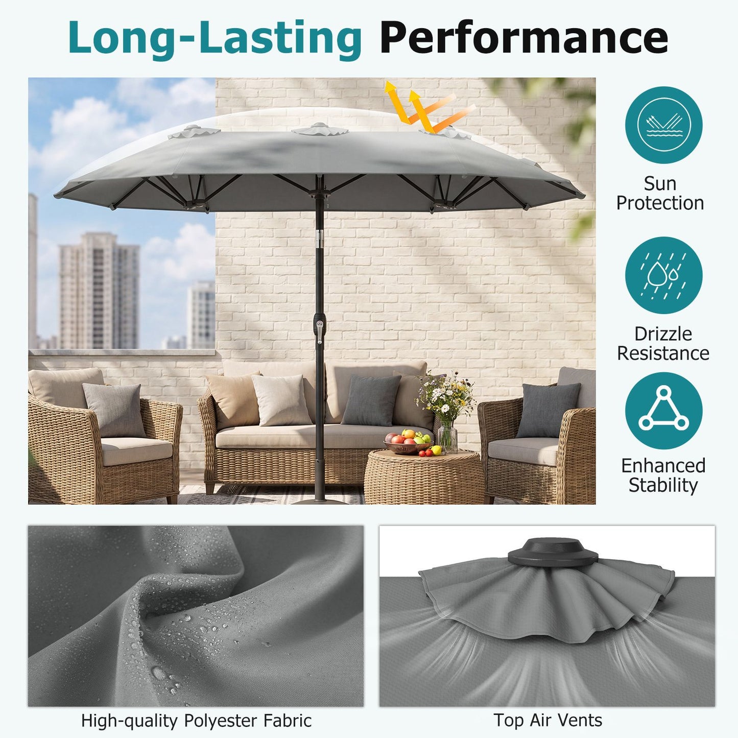 Coast Dubbele Parasol 300 x 160 cm - Rechthoekig - Kantelbaar - Grijs