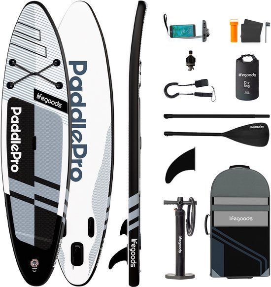 LifeGoods PaddlePro SUP Board Pro - Pro Set - Opblaasbaar Paddle Board - Max. 150KG - 320x81cm - Zwart/Wit