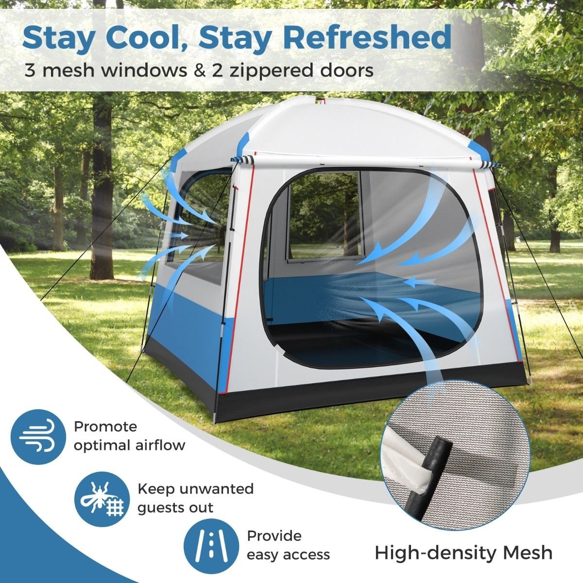 Coast Campingtent voor 5 Personen - Grote Netdeur en Grondzeil - Waterdicht - 248 x 248 x 230 cm - Blauw/Wit