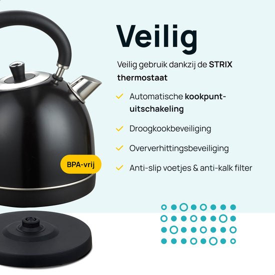 MOA Waterkoker Retro - 1,8 Liter - Elektrische Waterkoker - BPA-vrij - Anti Calcium Filter - RVS - 2200W- Zwart