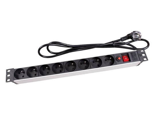 Perel PDU-Stekkerdoos met schakelaar, overbelastingsbeveiliging, 8 stopcontacten met penaarde (type E), kabel 2.15 m, 3G1.5, voor binnen, zwart/rood