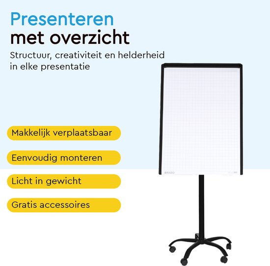 BRASQ Flipover Verrijdbaar - 70x100 cm - Verstelbaar Whiteboard - Inclusief 25 vellen papier, 4 Stiften, 8 Magneten, Wisser - Flipover met Papierklem en Haken - Magnetisch bord - Magneetbord - Zwart