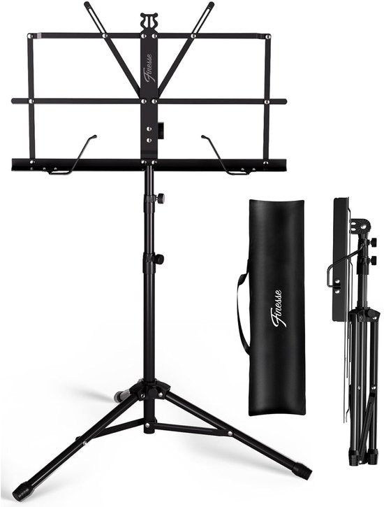 Finesse Muziekstandaard voor Bladmuziek - Opvouwbaar - met Draagtas - Lessenaar voor Tablet - Zwart