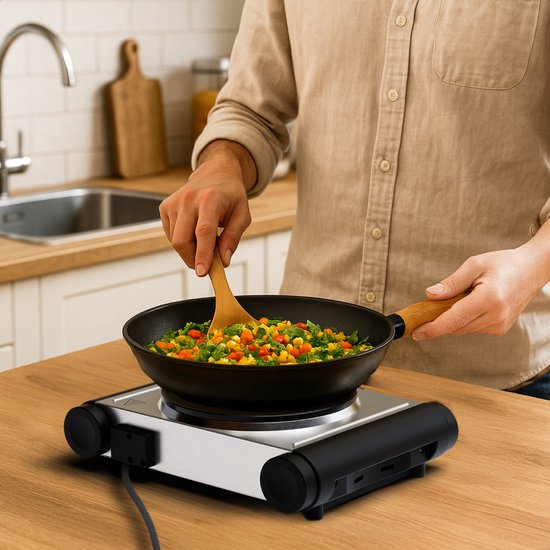 KitchenBrothers Elektrische Kookplaat - 1 Pits - Vrijstaand - 7 temperatuurstanden - 1500W - RVS/Zwart