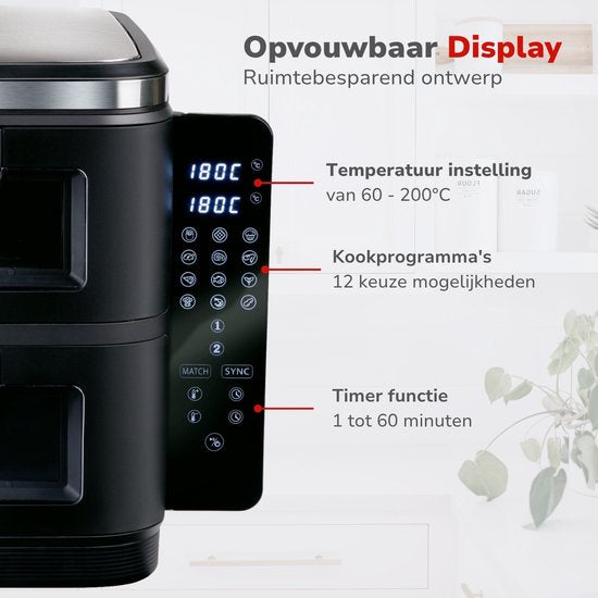 alpina Airfryer XXL - Dubbele Air Fryer 11L - Heteluchtfriteuse 2 Manden - Double Stacked voor 8 Personen - Opvouwbaar Display - Timerfunctie tot 60 Minuten - Temperatuur 60-200°C - Zwart