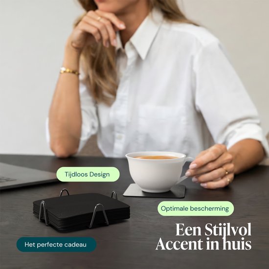 Castagnola Kunstlederen Onderzetters – Onderzetters voor Glazen – Design Onderzetters met Houder – Leren Onderzettersset met metalen houder – Leder – Set van 10 - Zwart - 10x10cm