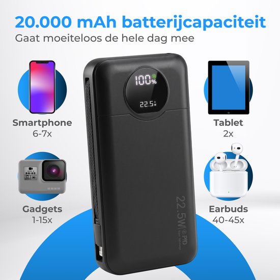 Nuvance Powerbank 20000 mAh - 22.5W Snellader Usb-C & 8-Pin - Noodpakket - 2 Poorten - 2 Geïntegreerde Kabels - Power Bank