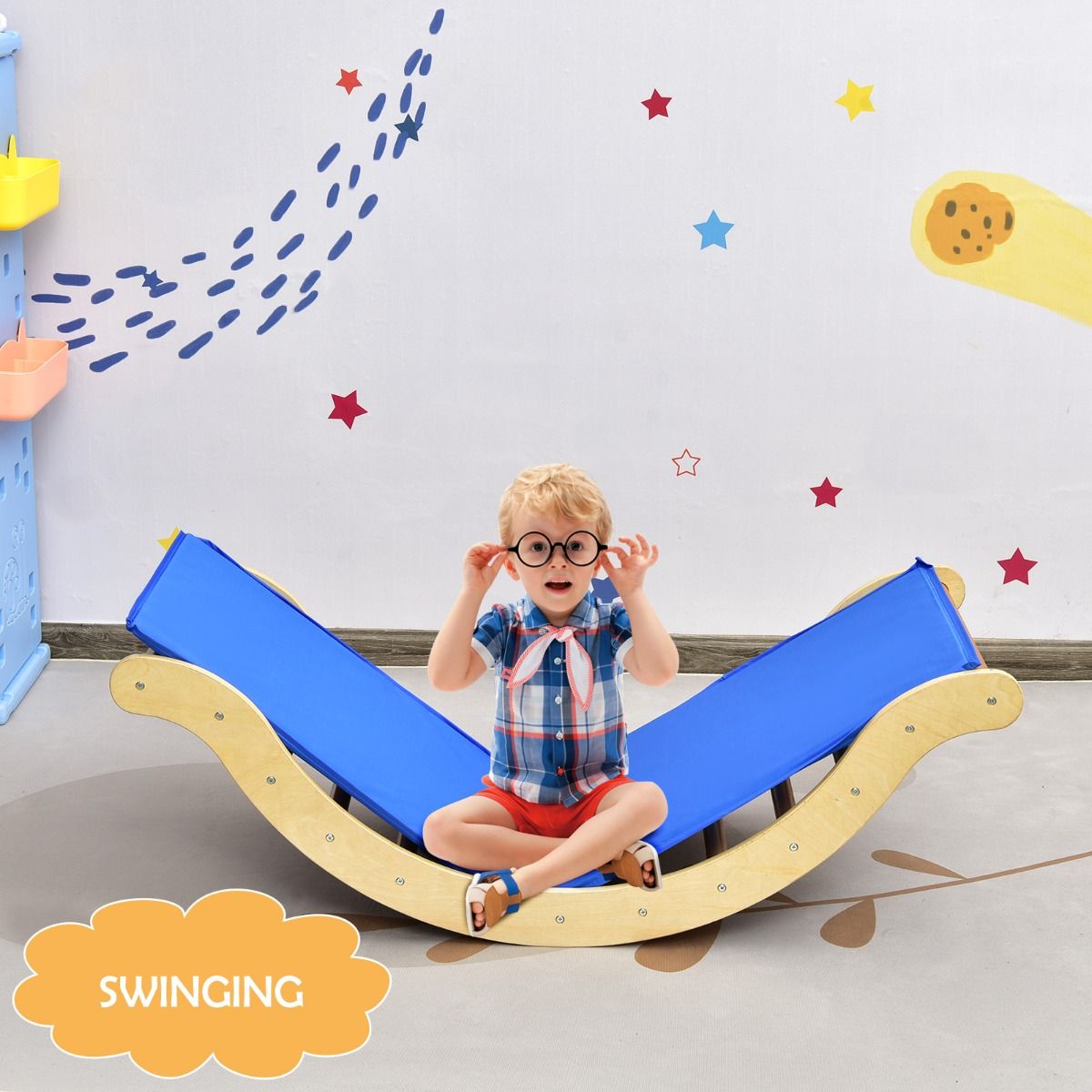 Coast 3-in-1 Klimladder Set voor Kinderen - Boog met Klimhelling en Schommelstoel - naturel + blauw