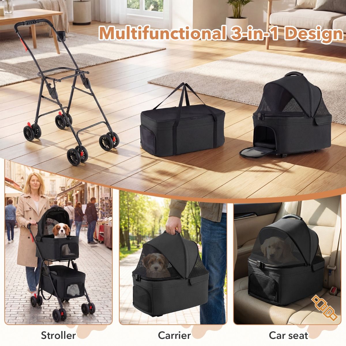 Coast Opvouwbare Dubbele Huisdierenwagen - 3-in-1 met afneembare transportboxen - terreinwielen - black
