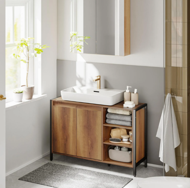 SoBuy Wastafelonderkast 90 x 30 x 60 cm - Bruin/Zwart - 2 Deuren - 3 Schappen