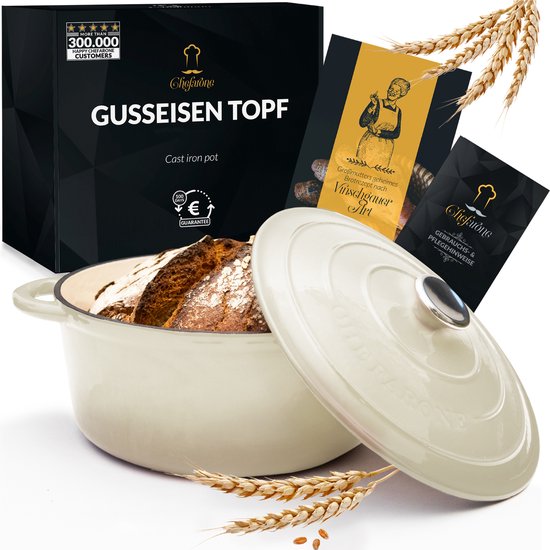 Gietijzeren Pan Chefarone 4.7L - PFAS vrij - Braadpan Inclusief Deksel - Kookpan voor alle Warmtebronnen - Kookpot Ø 26CM - Geëmailleerd Creme Wit - Cadeau voor vrouwen