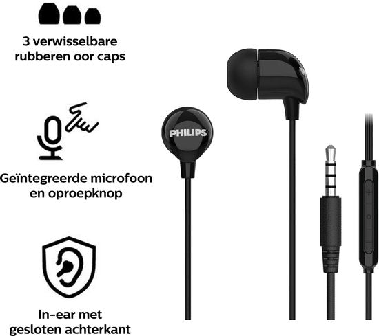 Philips In-Ear koptelefoon TAE1156BK - Clear Sound - Bekabeld - Remote met microfoon - Jack plug 3.5 mm- Zwart