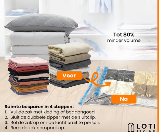 Loti Living Vacuümzakken voor op Reis - 12 Stuks/3 Maten - Kleding - Vacuüm Handrolzakken - Roll Up - Vacuümzakken Oprolbaar