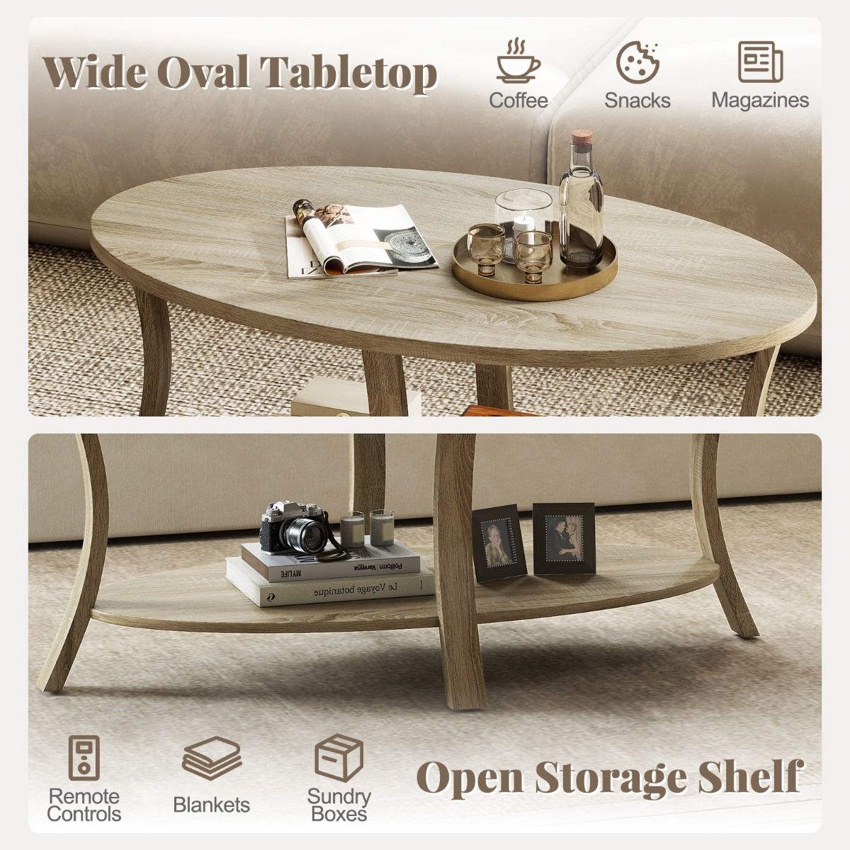 Coast Ovale Salontafel - 2-laags met opbergruimte - rubberhout en eikenlook - grijs - 111 x 60,5 x 47 cm