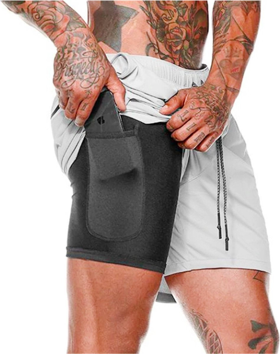 MW® - Sportbroek Heren - Fitnessbroek - Sportkleding - 2 in 1 Shorts - Hardloopbroek (Grijs - S)