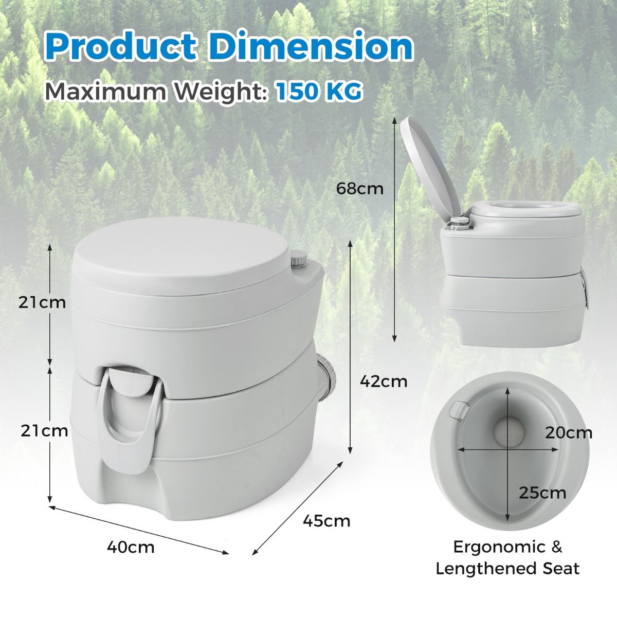 Coast Draagbaar Kampeertoilet - Afneembare 20L Watertank - met Spoelpomp - 45 x 40 x 42 cm - Grijs
