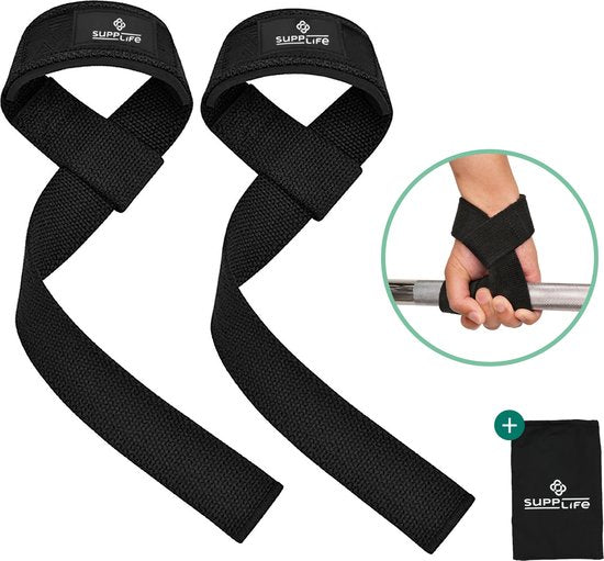 Supplife Lifting Straps - Weightlifting Straps - Gym - Lifting Grips / Hooks - Fitness, Powerlifting, Crossfit & Krachttraining - Workout - Deadlift Straps - Zwart